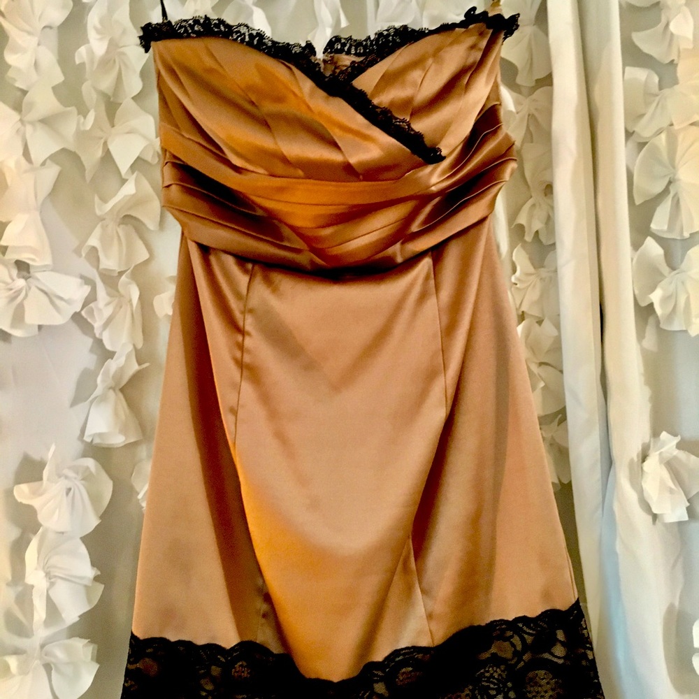 Champagne satin cocktail dress.